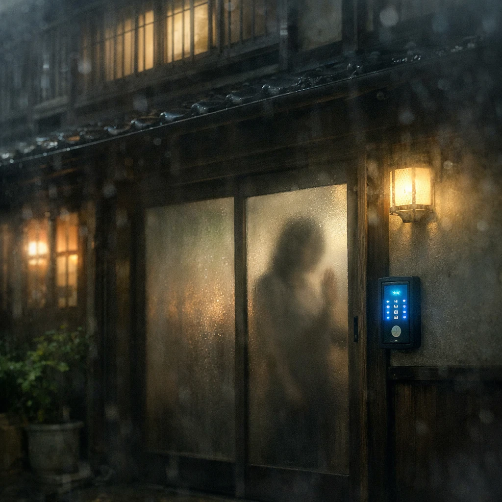 湿気に包まれた夜の長屋の玄関で、ガラス越しに困った様子の女性の幽霊が映っている写真。