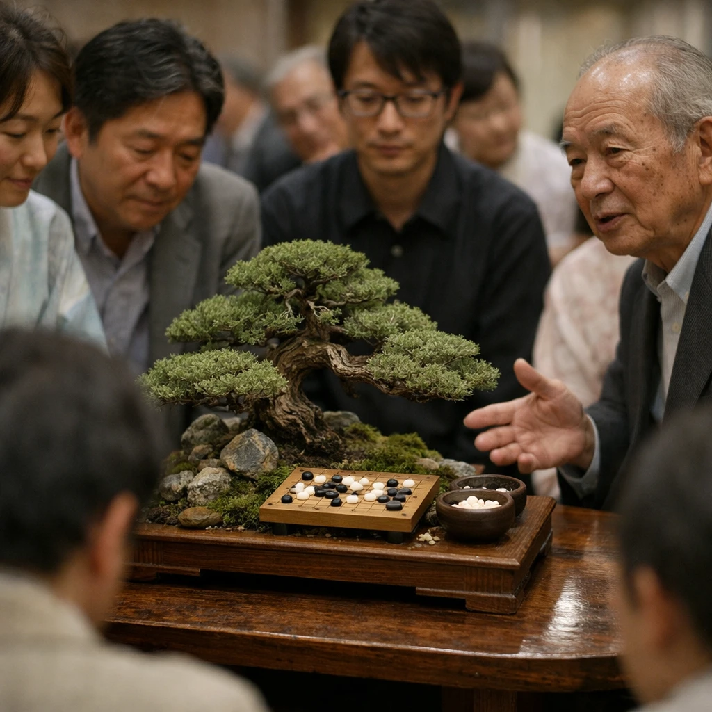 盆栽に囲まれた小さな囲碁盤を囲み、和装の参加者たちが静かに観戦している実写風のシーン。