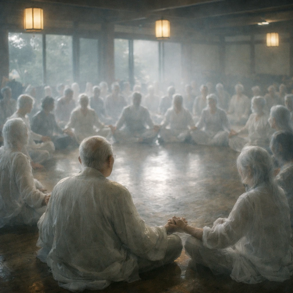 霧がかった静かなホールで半透明の幽霊たちが円座で瞑想している様子の写真。