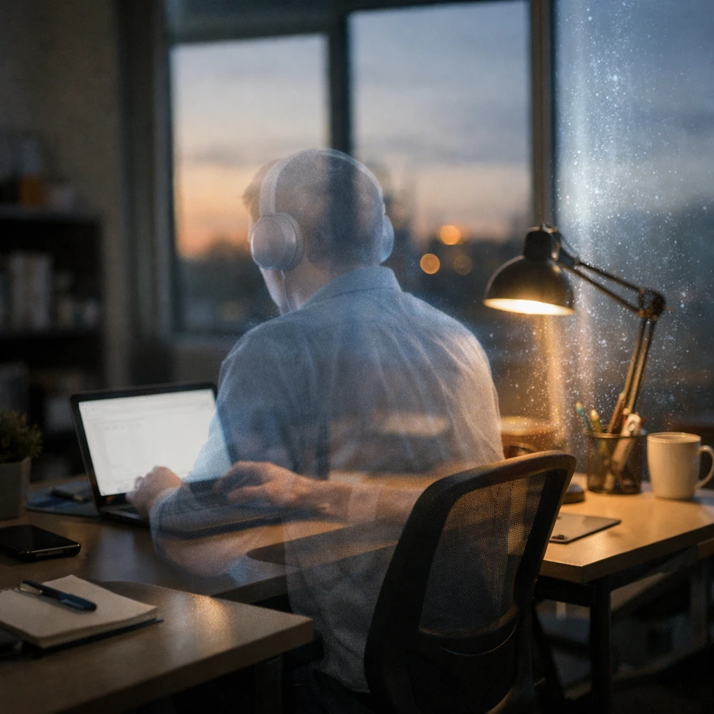 薄明かりの部屋で半透明な幽霊のビジネスパーソンがデスクに向かいノートパソコンで作業している様子。