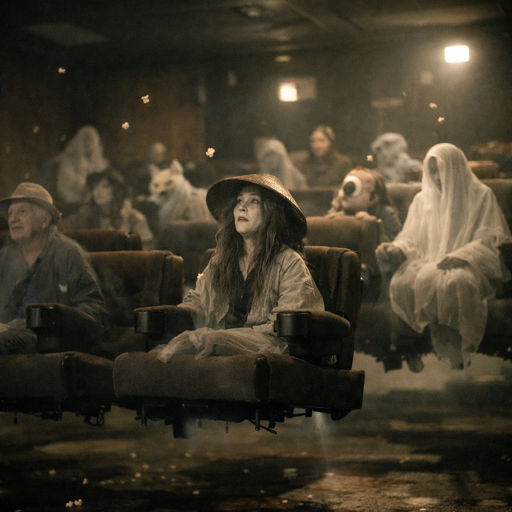 薄暗い映画館の中で、半透明の幽霊や妖怪たちが浮かぶ座席に座りながら驚いている様子の写真。