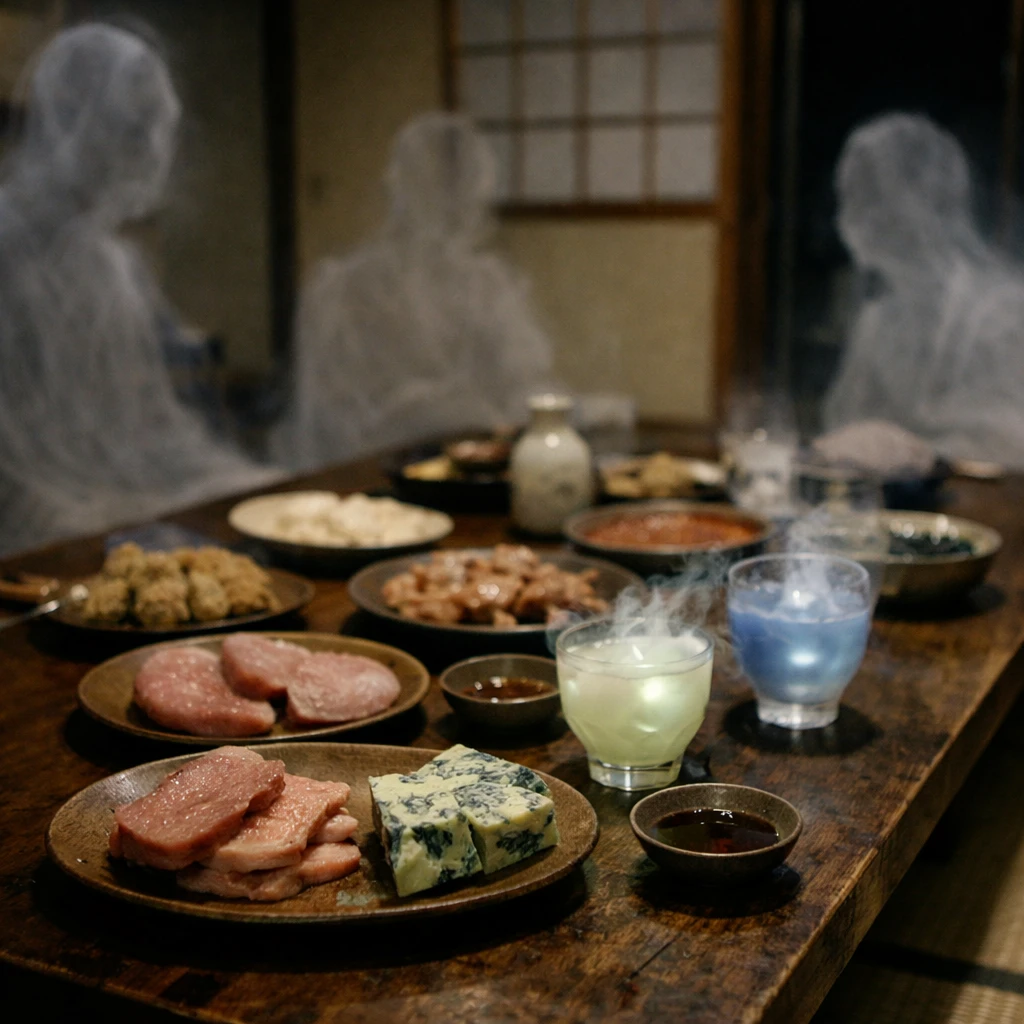 和室のテーブルに不思議な料理が並び、薄く透けた幽霊のような姿が集まっている写真。