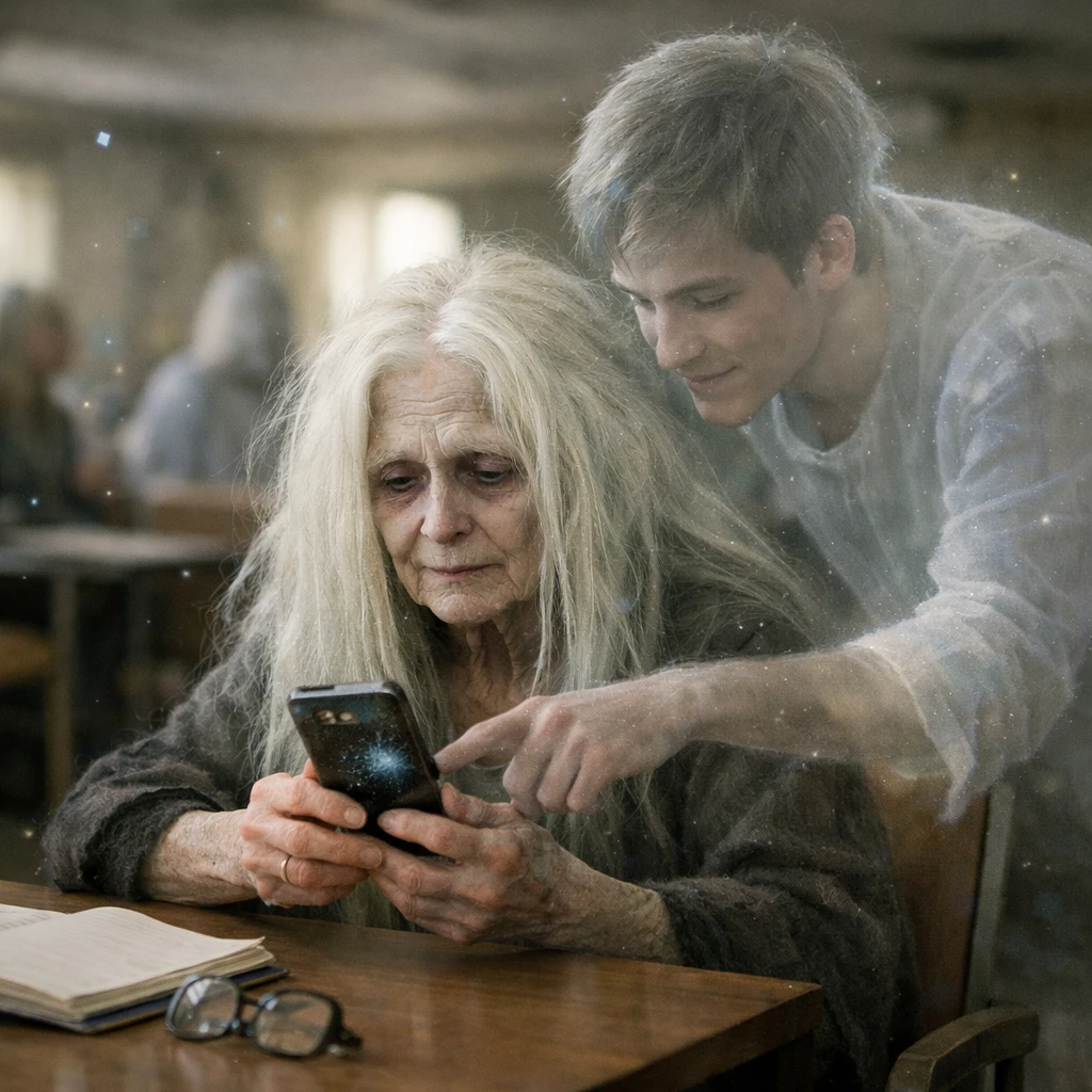 高齢のバンシーが霊的な若者にスマートフォンの使い方をサポートされている、死後のコミュニティルームの日常風景。