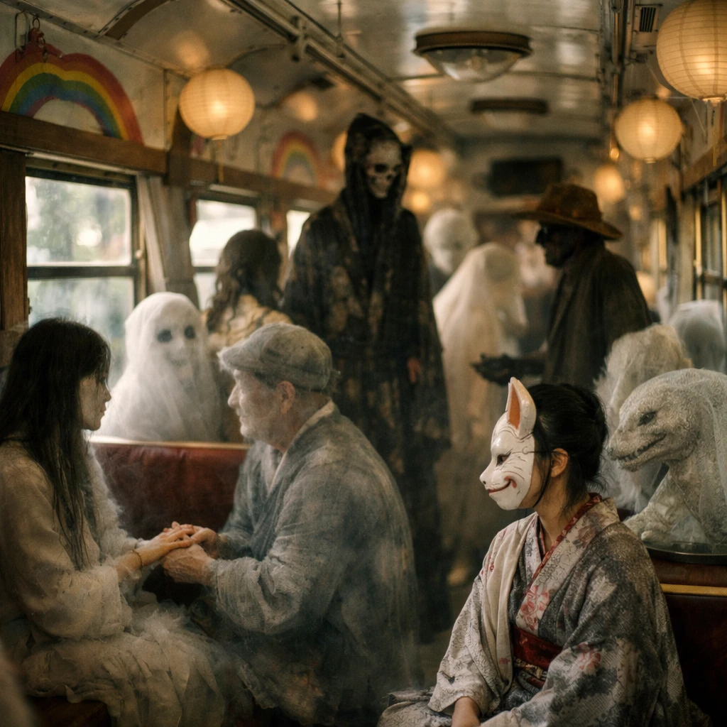 虹色の装飾が施された列車内で、多様な姿の魂や妖怪がリラックスして過ごしている様子の写真。