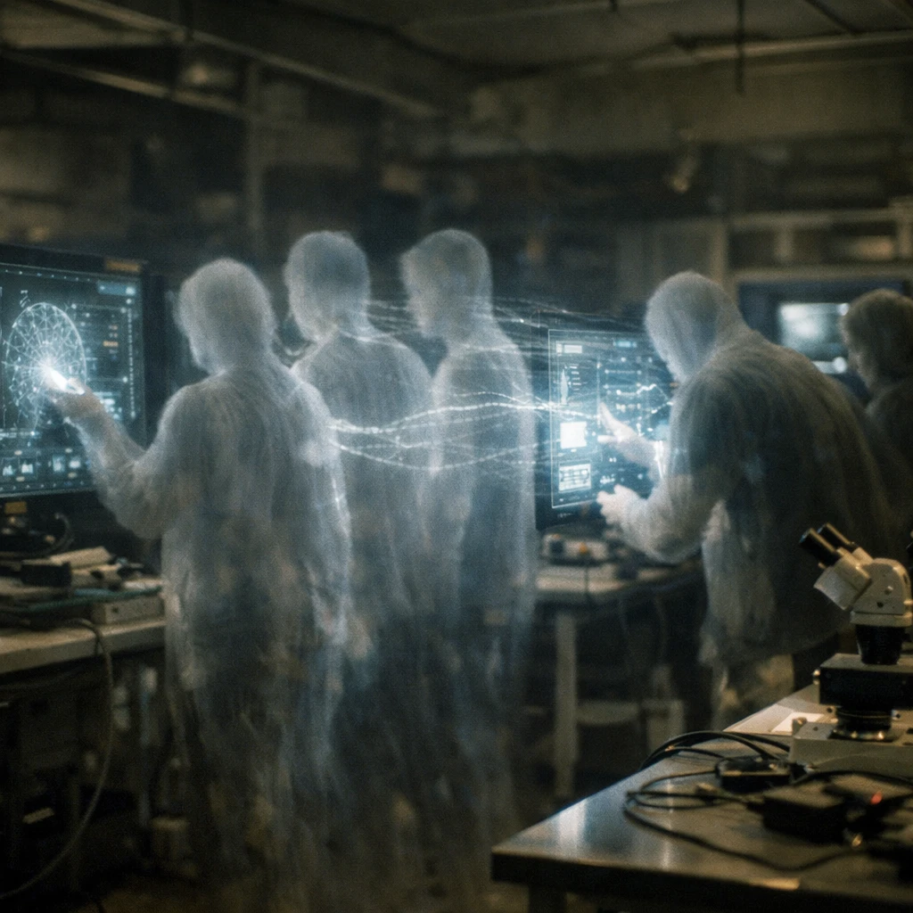 薄暗い研究室で複数の幽霊のような人物がホログラムデータに手を伸ばしている写真。