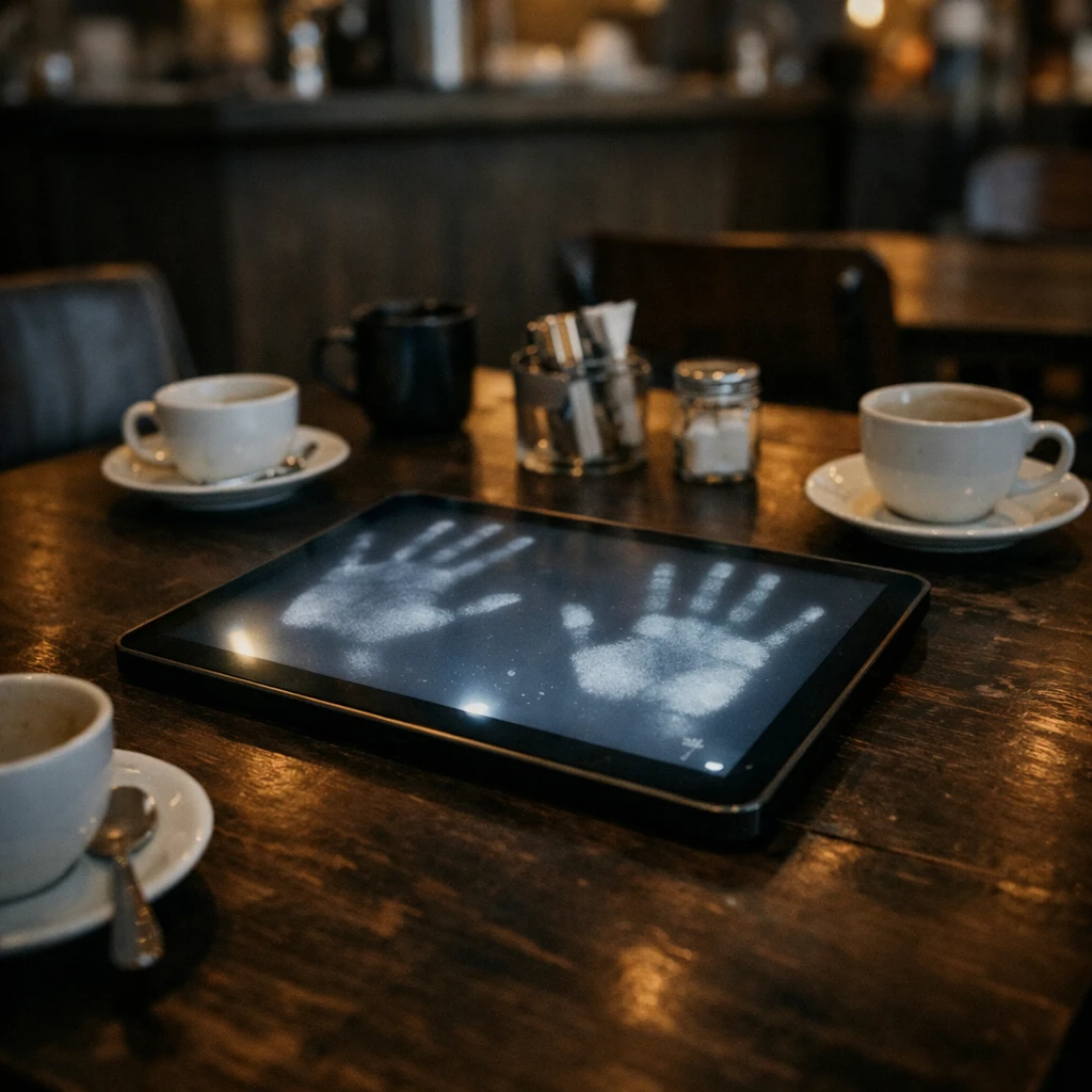 暗いカフェでテーブル中央の発光パッドにうっすらとした手形が浮かび上がっている写真。