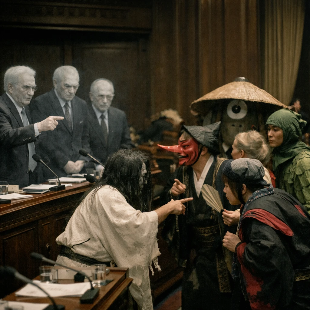 豪華な議場で、幽霊判事たちと妖怪風の議員が深夜討論を行う緊張感あふれる一場面の写真。