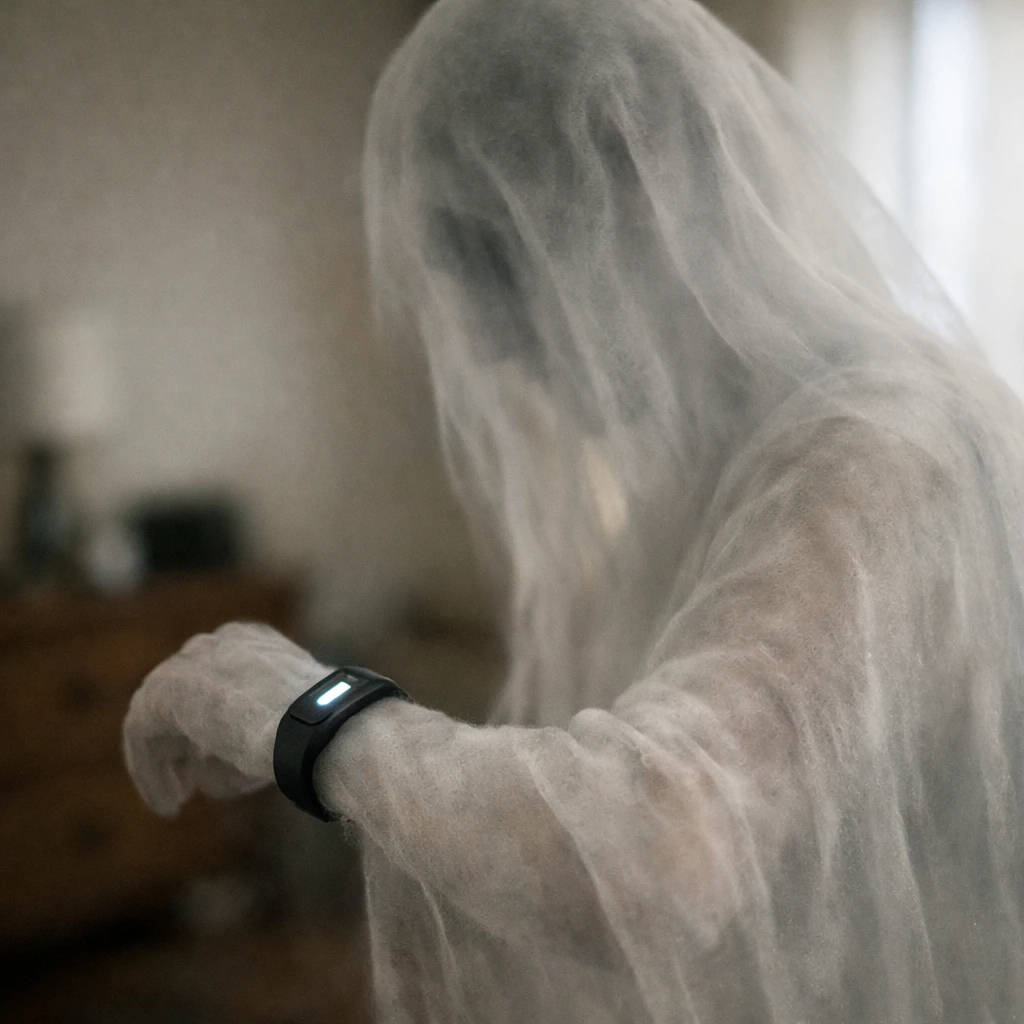 透明な幽霊がウェアラブル端末を腕にはめてディスプレイを眺めている室内の写真。