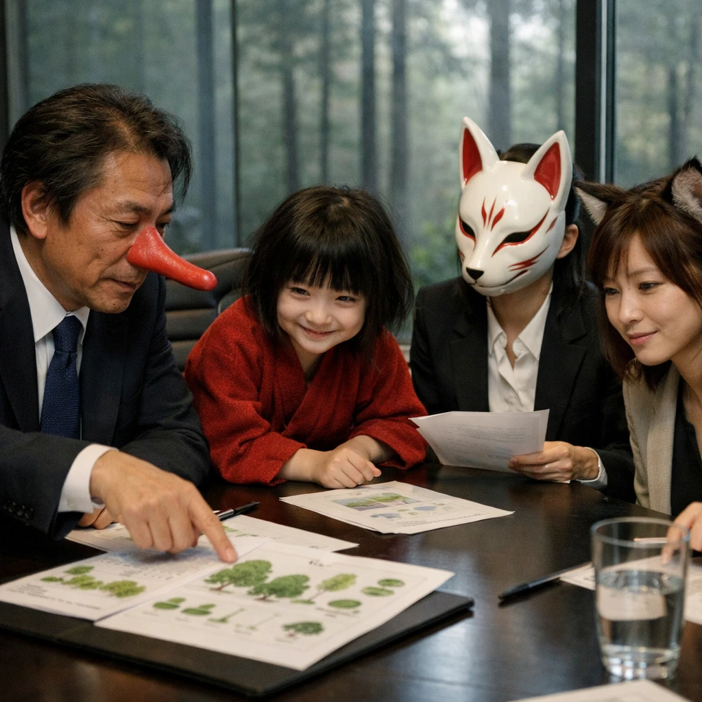 天狗や妖狐など異界の存在がスーツ姿で会議テーブルを囲んでいる現実的な会議室の写真。