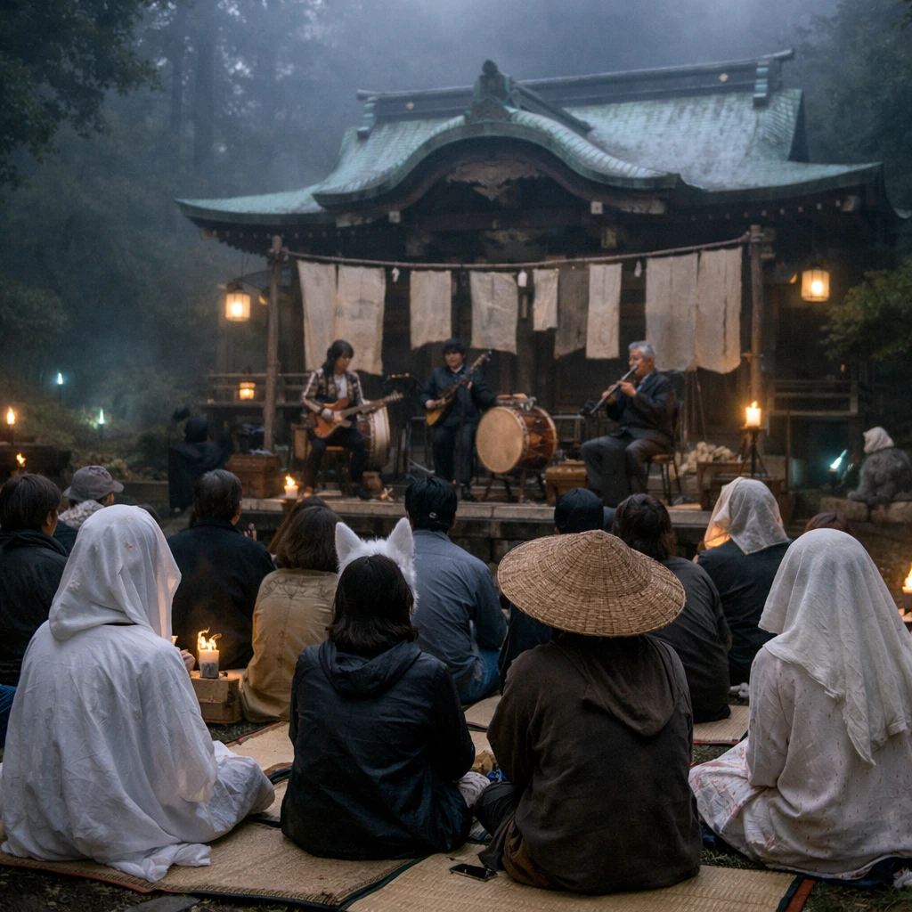夜明け前の神社前で、霧と柔らかな明かりに包まれ、和楽器演奏を囲む人々が集う幻想的な和風音楽祭の一瞬。