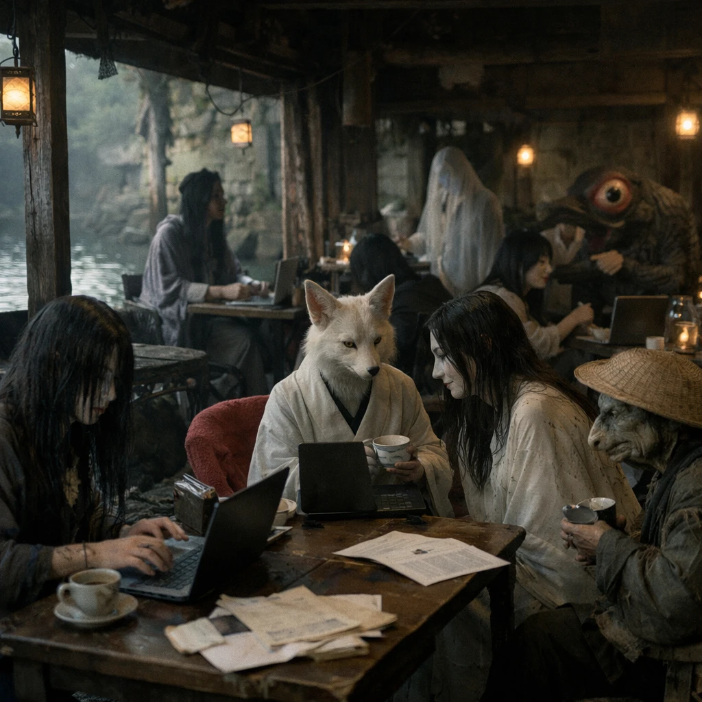 古びた祠をリノベーションしたカフェで、和やかに会話や作業をする妖怪や幽霊たちの様子をリアルに捉えた写真。