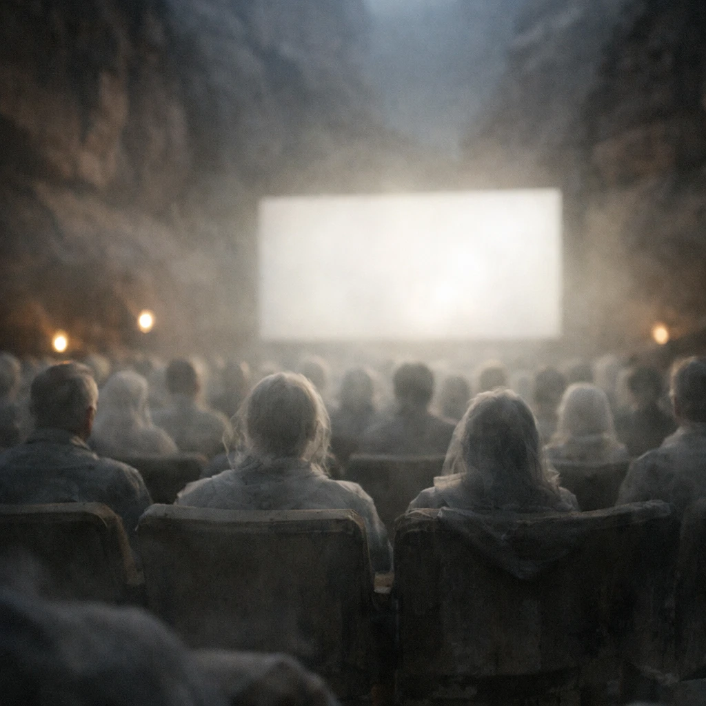 淡く透けた人々が夜霧に包まれた劇場で映画を鑑賞している写真。