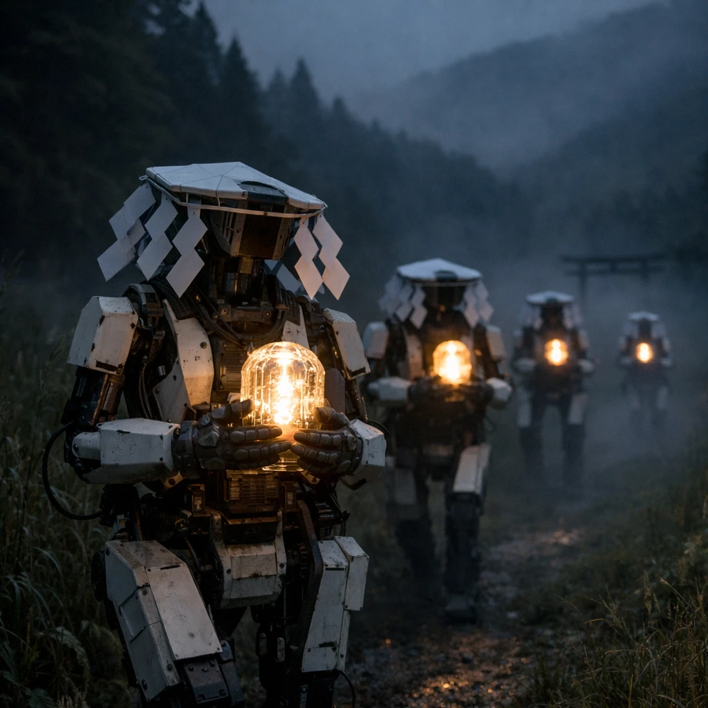夜の山間をクラウドご神体を抱えながら移動する複数の御幣型ロボットの写真。