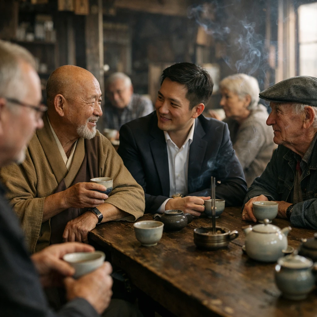 昔の建物を改装したカフェで、年配の男女やスーツ姿の若者がテーブルを囲みお茶を飲みながら談笑している写真。