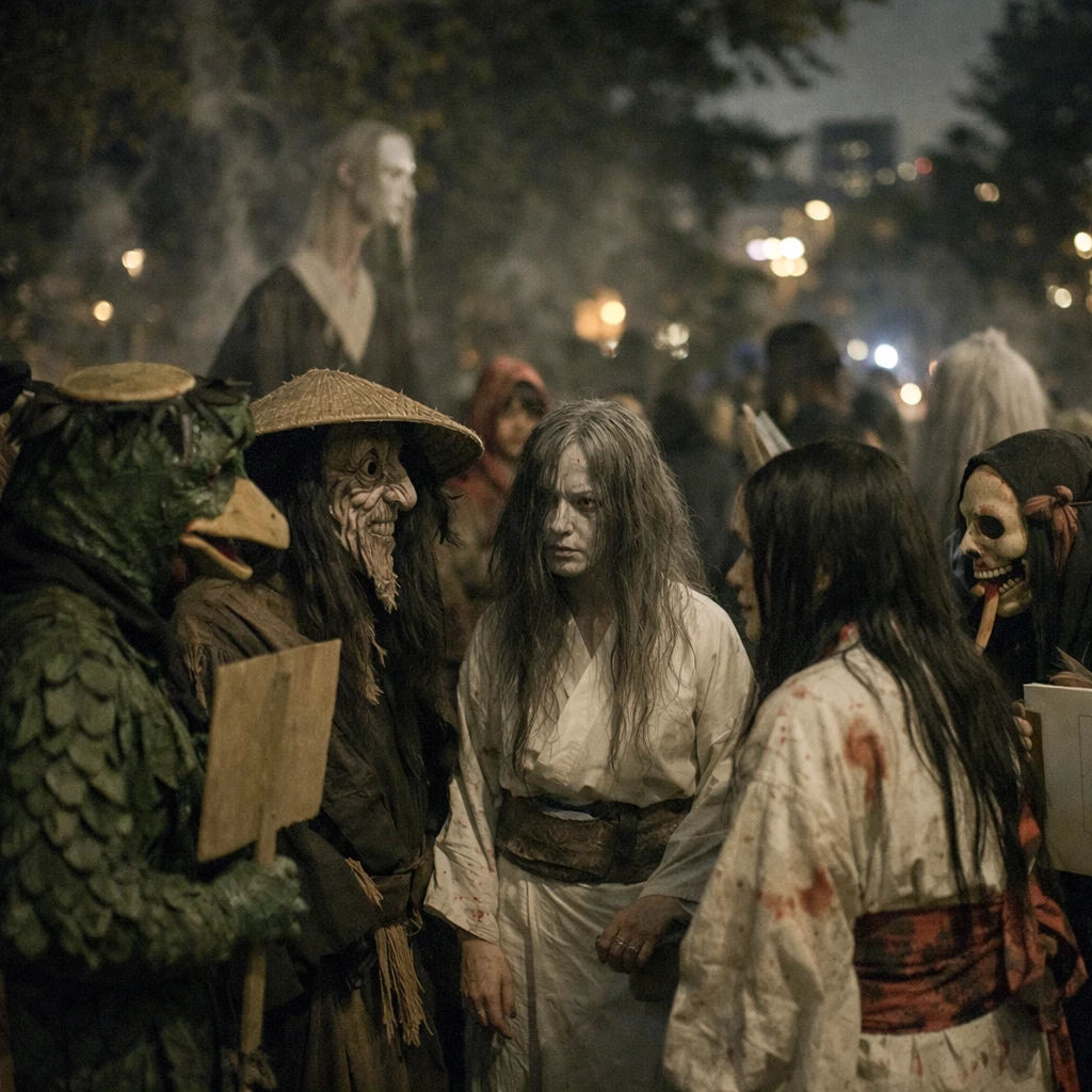 夜の公園で多様な妖怪や幽霊に扮した人々が集まり、手作りのプラカードを掲げたり話し合ったりしている写真。