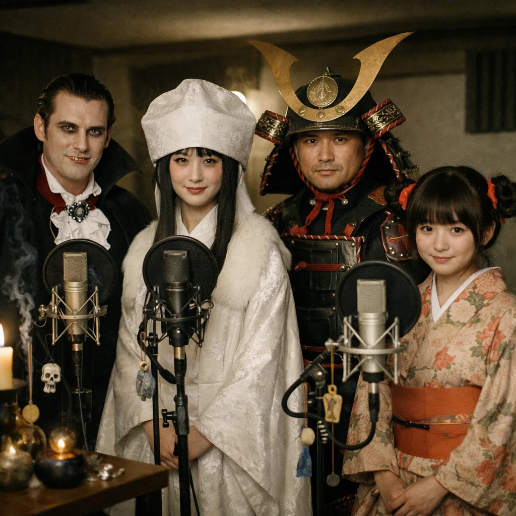 4人の個性的なコスチューム姿の声優たちが、装飾のある録音室でマイクの前に立つ様子の写真。