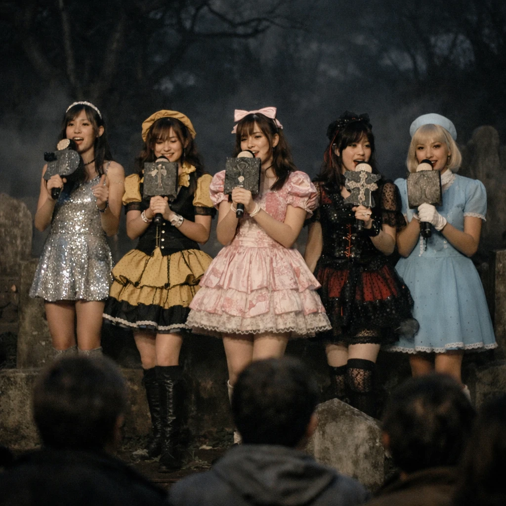真夜中の墓地でアイドル衣装を着た5人の女性が墓石型マイクを持ってステージパフォーマンスをしている。