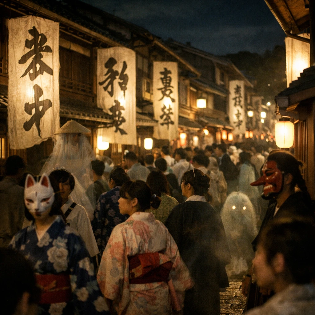夜の町屋通りで、ライトアップされた和紙の書巻が飾られ、着物姿の人々や仮面をつけた人物、妖怪風の存在が行き交う幻想的な祭りのワンシーン。