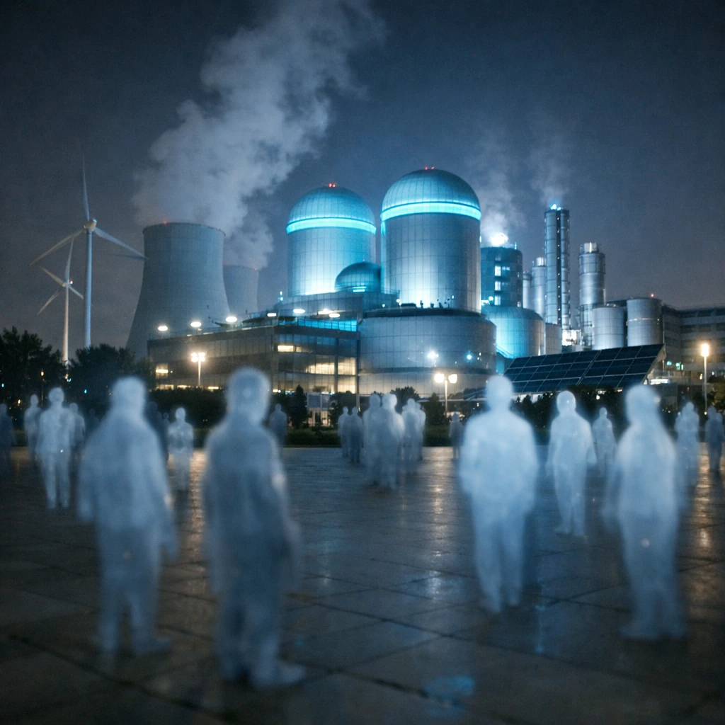 夜の広場に立つ発電所と、淡い青い光を放ちながら周囲にたたずむ半透明な霊たちの写真。