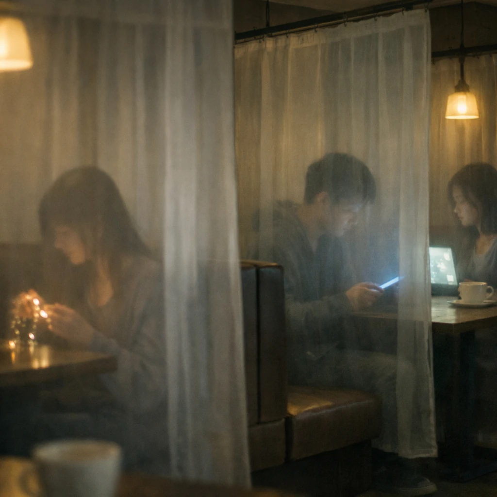 半透明の若者たちがカーテンで仕切られた個別ブースで静かに過ごしているカフェ店内の写真風イメージ。