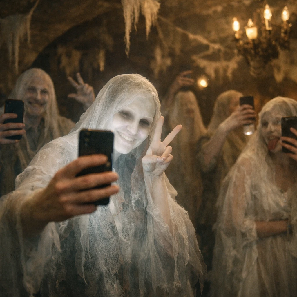 地下の薄暗い部屋でスマートフォンを手に自撮りや配信を行う半透明の幽霊たちのリアルな写真。