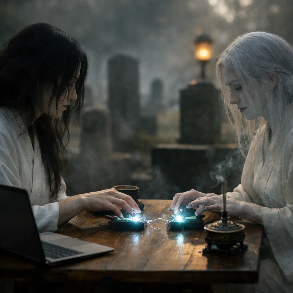 黄昏の墓地カフェで、伝統的な装いの幽かな二人の人物が机を挟んで霊糸チャット機器を使い仕事をしている様子。