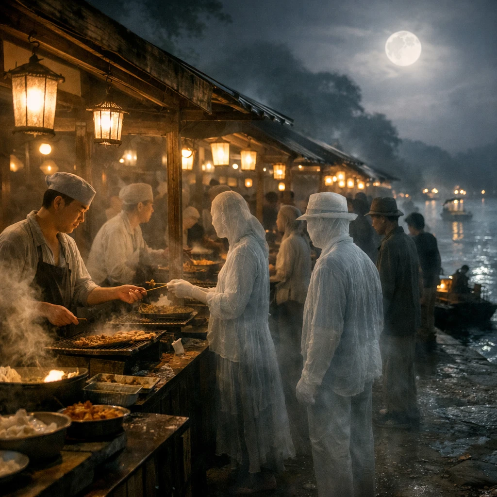 月明かりの下、川沿いに立ち並ぶ屋台で幽霊の姿の人々が行き交う賑やかな夜市の風景。