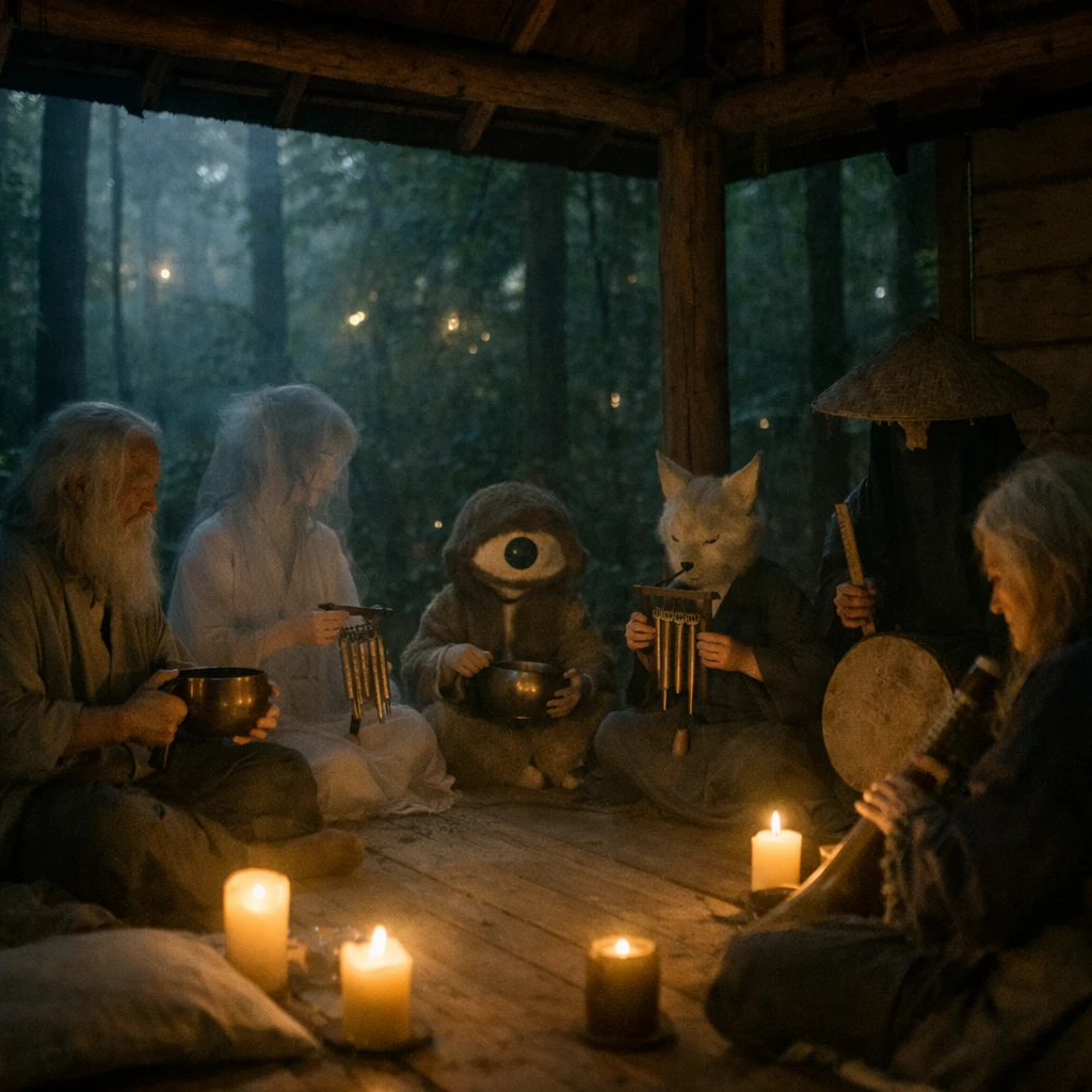 森の奥の木造小屋の中で、幽霊や妖怪たちが木製の楽器を囲んで静かに座っている様子。