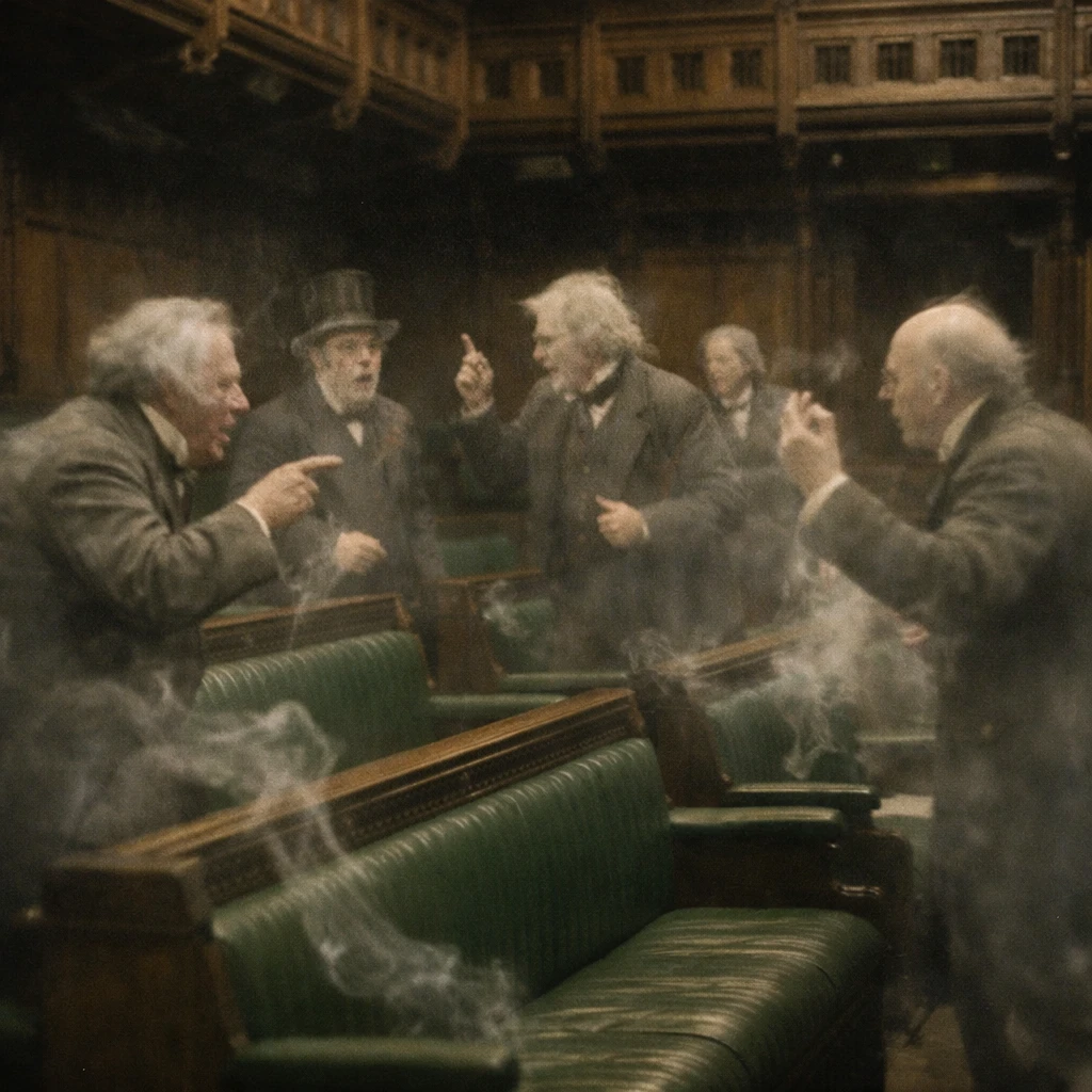 薄暗い議会の議場で、半透明の幽霊議員たちが議論している場面の写真。