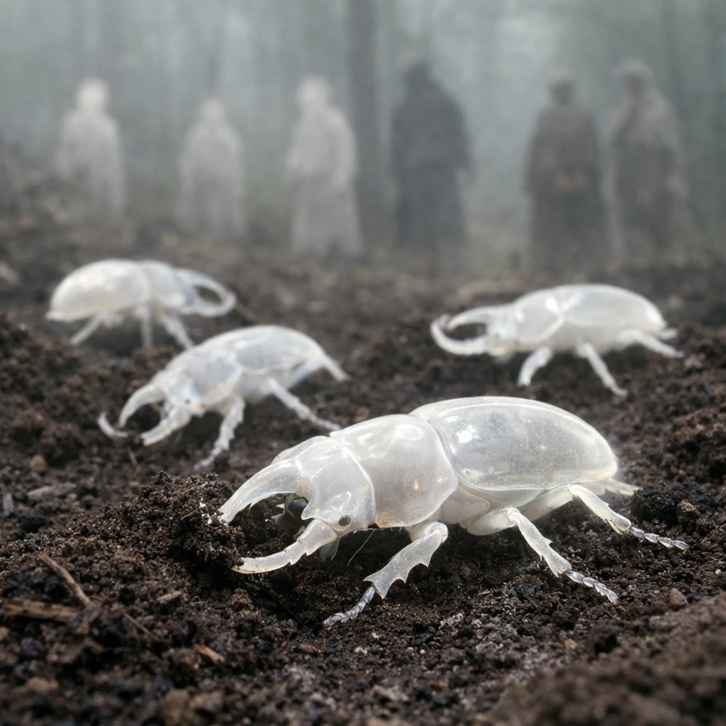 薄明るい霧の森で、半透明の大きな幽霊カブトムシたちが土壌を耕し、奥には精霊や村人の姿がぼんやり見える写真。