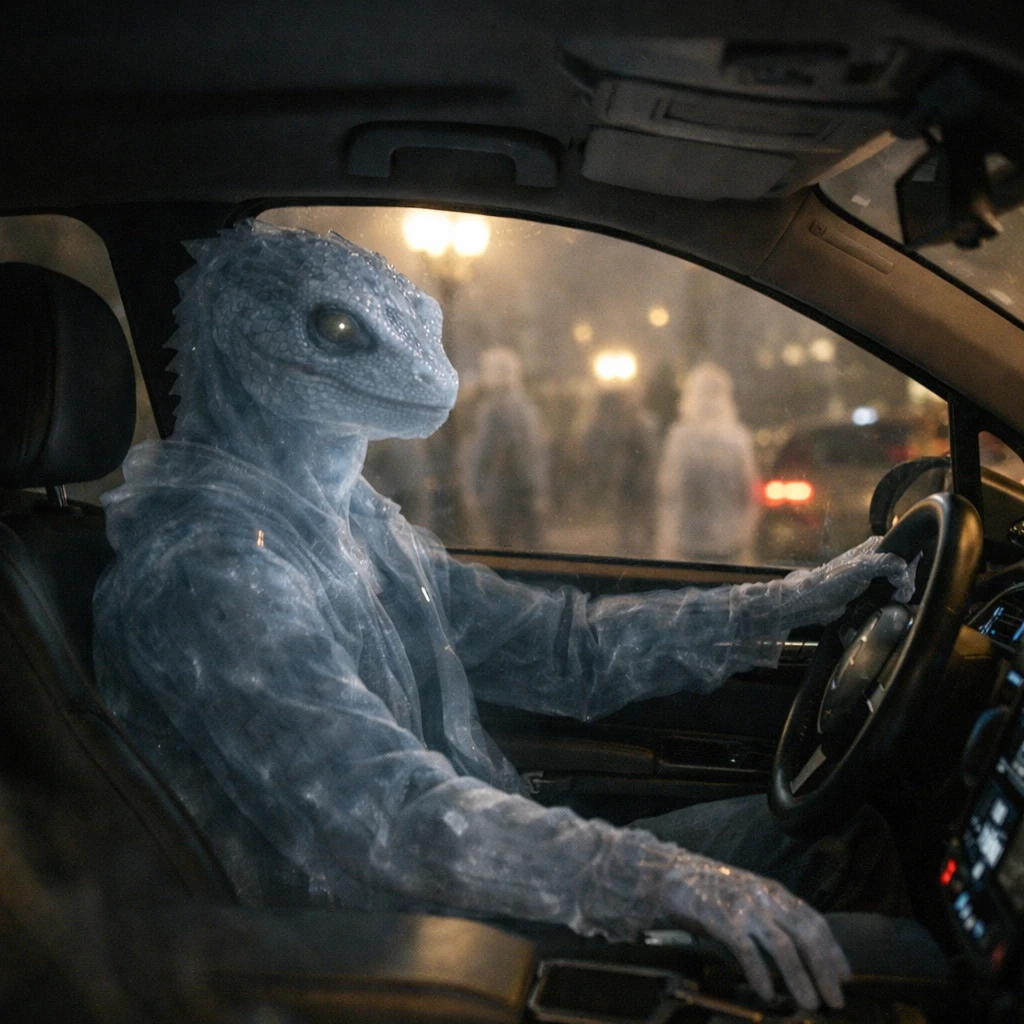 夜の霧がかかったロータリーで自動運転タクシーの運転席に半透明のリザードマンAIが座り、窓越しに幽霊のような人影が見える様子のリアルな写真。