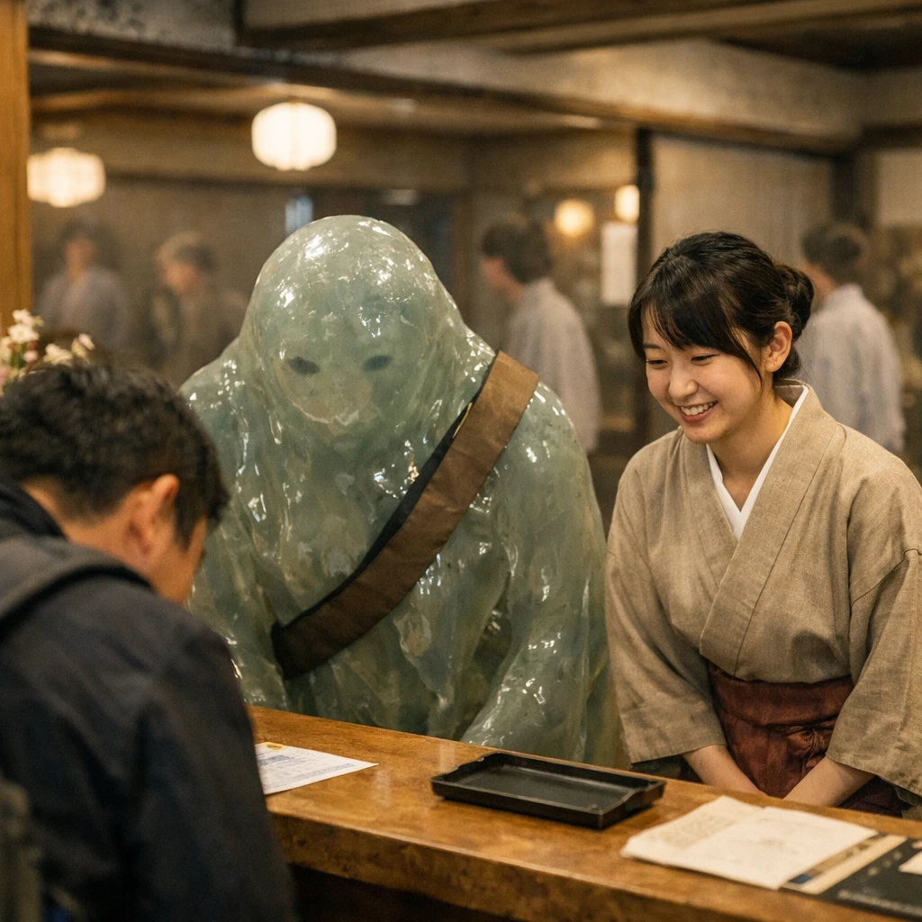 温泉旅館のロビーで、人間の従業員と並んでスライム状の透明なスタッフが宿泊客を案内している様子の写真。
