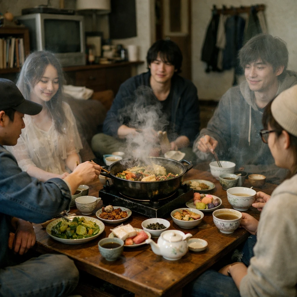 築年数を感じるリビングで、若者の幽霊たちが和風と韓国風のフュージョングルメを囲んで賑やかに過ごす様子の写真。