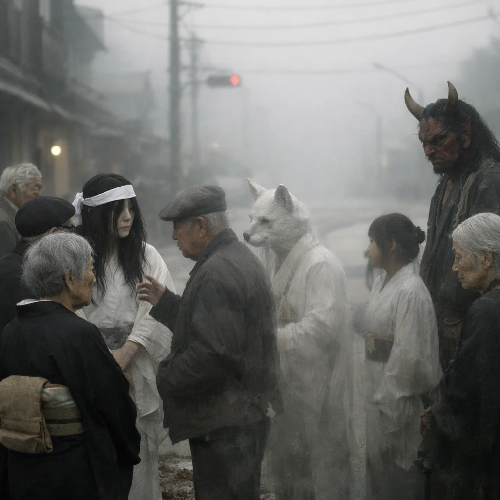 霧がかった異界都市の街路で、線路のない場所に集まって議論する和装の地縛霊や妖怪たちの実写風写真。