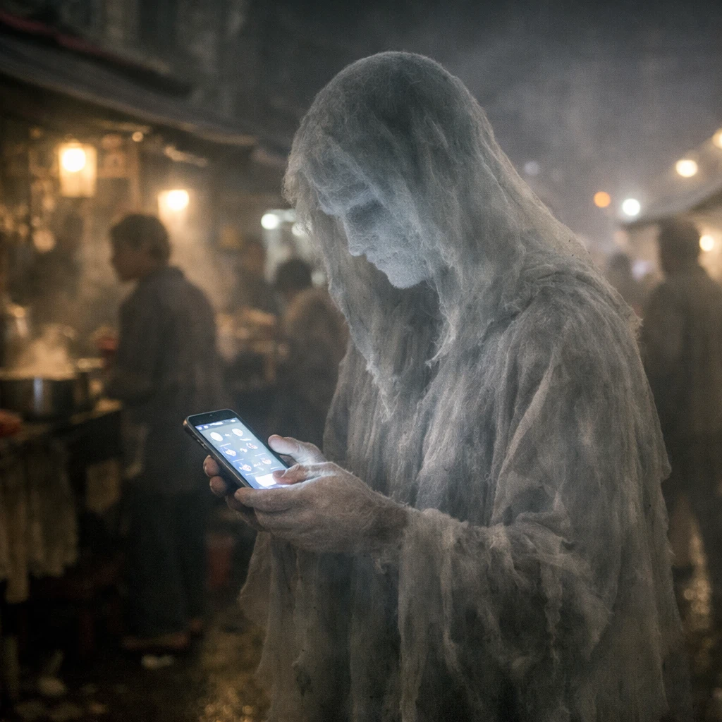 幽霊のように半透明な人物が光るスマートフォンを手にして霧に包まれた屋台街に立つ写真。
