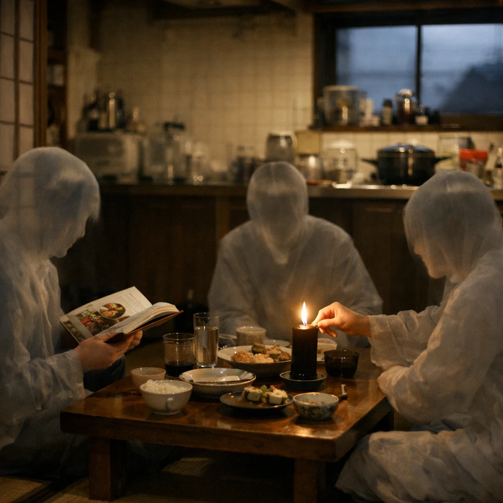 薄暗い日本の住宅のリビングで、半透明の幽霊たちが団らんしている様子。