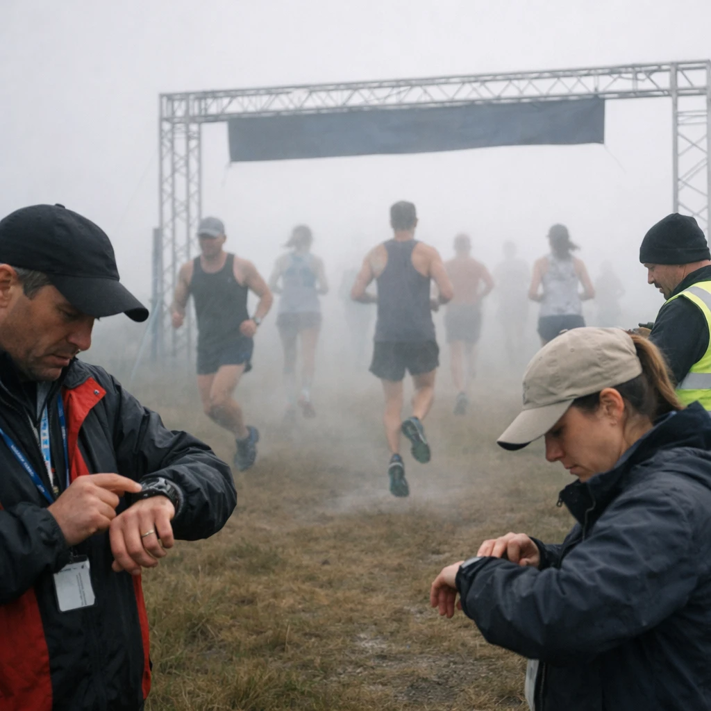 靄のかかった平原で幽霊のように半透明なランナーたちがスタートラインを通過し、一部が地面から浮かんでいる様子をイベントスタッフが戸惑いながら見守る写真。